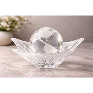 Vintage Crystal World Mini Globe Paperweight Frosted Star Bowl Base Set
